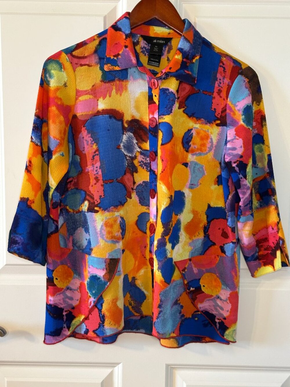 Ali Miles Petite Abstract Art Button Front Tunic Shirt Colorful Pocket Top PS